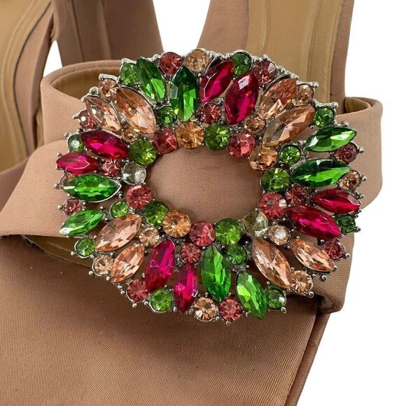 ZARA Rhinestone Embellished Platform Sandal Chunky Heel Sz 41 US 10.5 Tan Satin - Picture 4 of 12